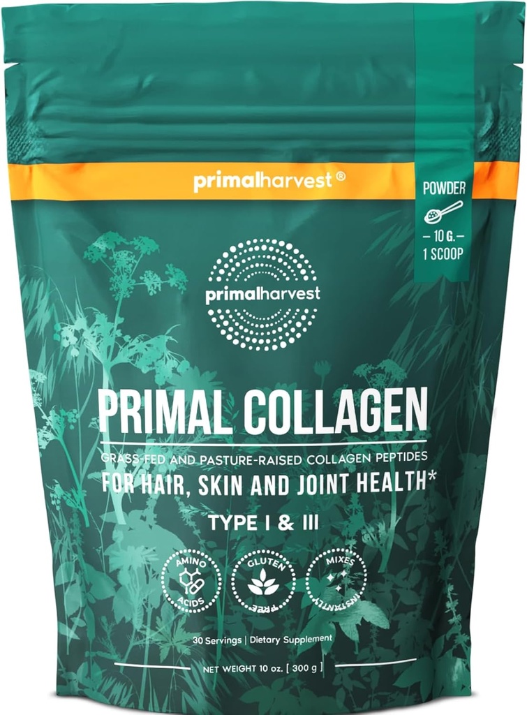 Primal Harvest Collagen Pulver til kvinder eller mænd Primal Collagen Peptider Pulver Type I & III, 10 Oz Collagen Protein Pulver til hår, hud, negle (enkelt, Original)