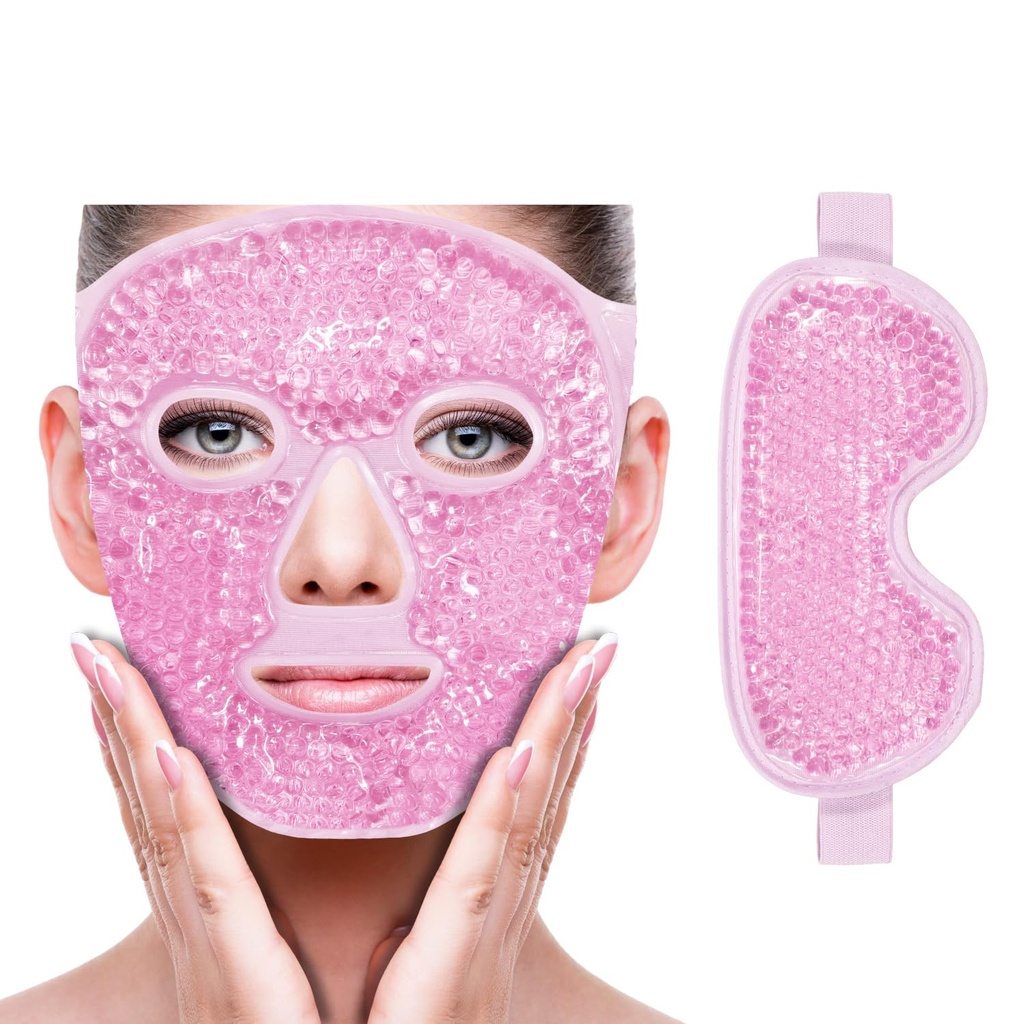 ZNÖCUETÖD Ansigtsmaske Ice Pack til reduktion af Puffiness, Tasker Under Øjne, Puffy Dark Circles, Migræne, Hot / Cold Pack med Soft Plush Backing (Pink- (1 * Eye Mask + 1 * Ansigtsmaske))