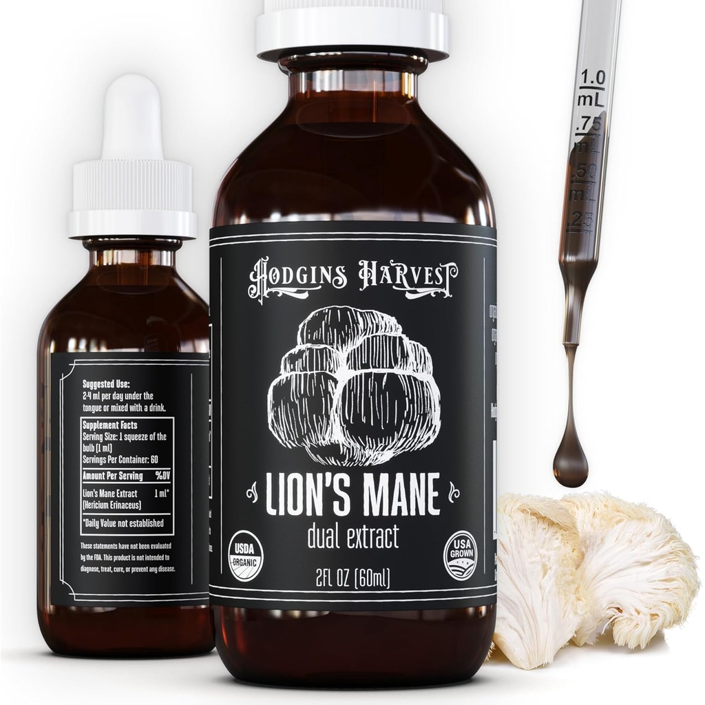 Hodgins Harvest Organic Lions Mane Fruiting Body Extract Tinktur - Svampe supplement til hjernesundhed og mental fokus - Dual Extract Formel - Ekstra koncentreret - 2 fl oz Flaske