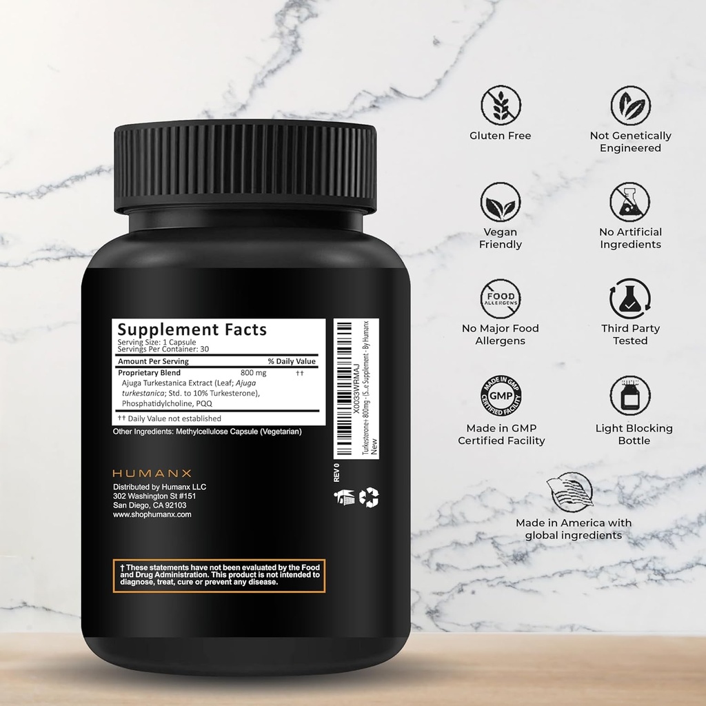 HUMANX Turkesteron + 800mg - USA Tredjepart testet (svarende til Ecdysterone) for muskulær udvikling & dynamisk atletisk ydeevne - Natural anabolske - Ikke GMO, Vegan - Turkesteron supplement