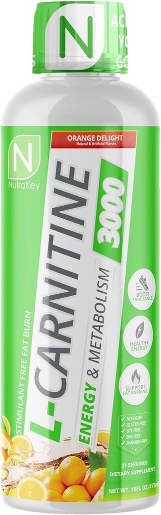 NutraKey L- Carnitin 3000mg, No Sugar, Gluten Free, Turn Into Fuel, (Orange Delight) 31 Serveringer