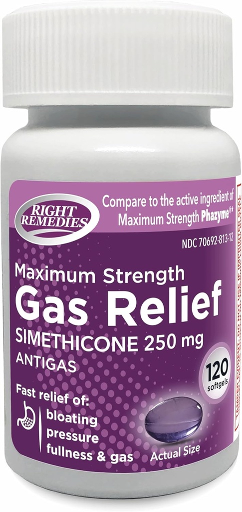 Gas Relief Maksimum Strength, Simeticone 250 mg, (120 Softgel), Fast Relief from Gas, Bloating, Fullness, Painful Discomfort, Sammenlign med maksimal Strength Phazyme Active Ingredient