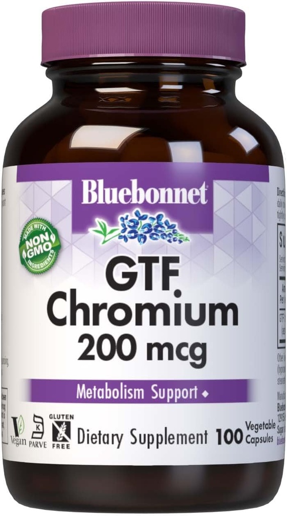 Bluebonnet Nutrition GTF Chrom 200 mcg, Soy- Free, Gluten- Free, Non- GMO, Kosher Certified, Dairy- Free, Vegan, 100 Vegetabilske kapsler