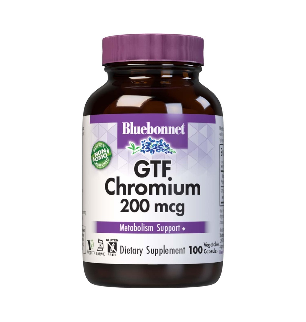 Bluebonnet Nutrition GTF Chrom 200 mcg, Soy- Free, Gluten- Free, Non- GMO, Kosher Certified, Dairy- Free, Vegan, 100 Vegetabilske kapsler