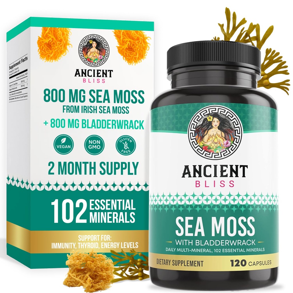 Ancient Bliss Organic Irish Sea Moss Pills - Dr Sebi færdiglavede Seamoss Kapsler D124; Thyroid, Sund Hud & Gut Support D124; 120 Kapsler