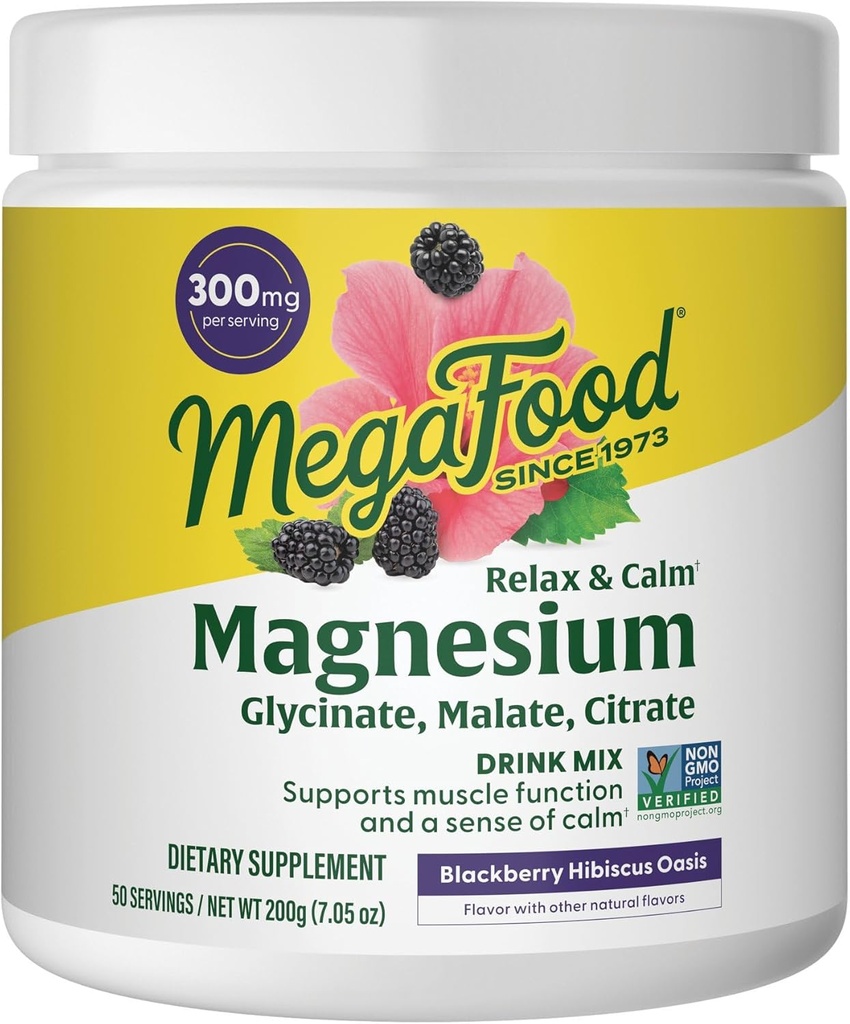 MegaFood Relax + Calm Magnesium Powder - stærkt Absorbable Magnesium Glycinat, Magnesium Citrate & Magnesium Malat - uden 9 fødevarer allergener - Blackberry Hibiscus Oasis - 7.05 Oz (50 Servere)