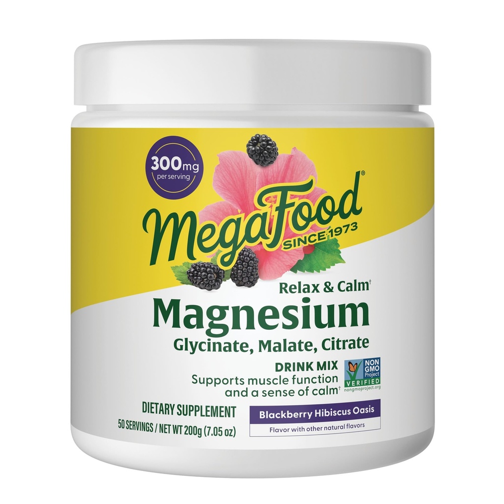 MegaFood Relax + Calm Magnesium Powder - stærkt Absorbable Magnesium Glycinat, Magnesium Citrate & Magnesium Malat - uden 9 fødevarer allergener - Blackberry Hibiscus Oasis - 7.05 Oz (50 Servere)