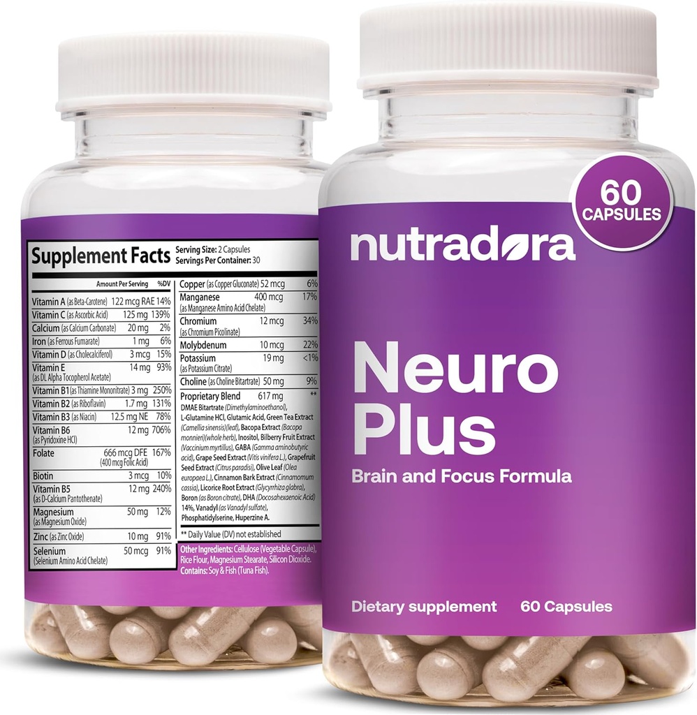 Neuro Plus Brain Supplement for Memory and Focus, 41 Ingredients, Premium Focus Supplement with DMAE Promotes Concentration & Energy for Men and Women, Formulated in USA, 60 Capsules