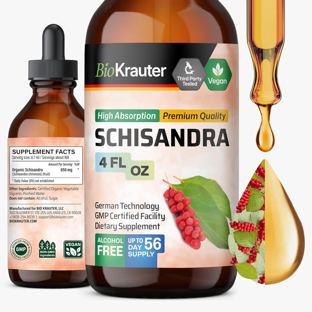 BIO KRAUTER Schisandra Berry Drops - Natural Schisandra Supplement for Mood Support - Alkohol & Sukker Free Extract - 4 Fl.Oz.