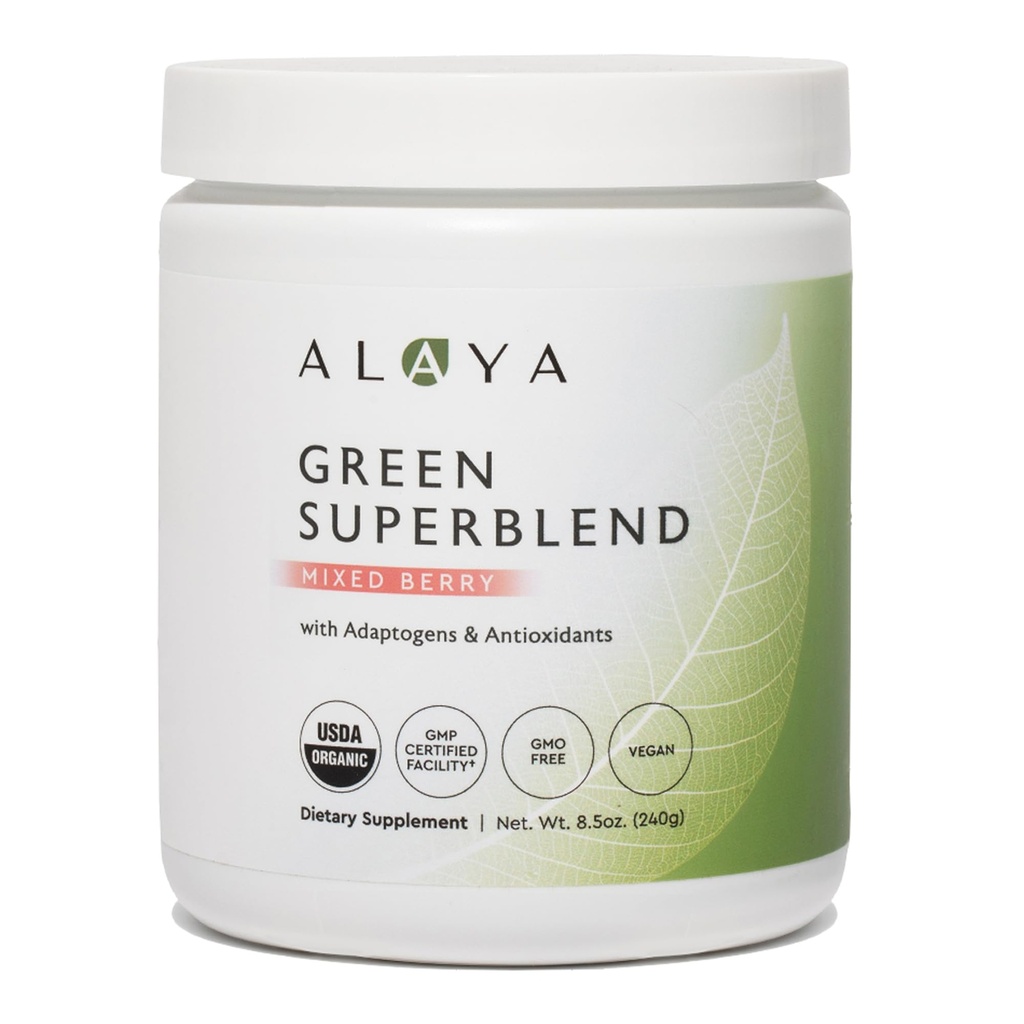 Alaya Organic Super Green Powder - Premium Green Juice Superfood Supplement Powder - Adaptogens, Antioxidanter & Probiotika Blend - USDA Organic, Non- GMO, Vegan - 30 Servere (blandet berry)
