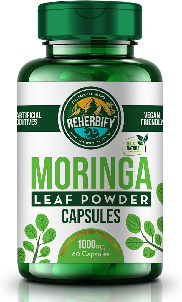 Moringa Kapsler af ReHerbify 124; 1000mg, 60 Kapsler af 124; Organic Moringa Oleifera Leaf Powder Supplement for Immunitet og Wellness
