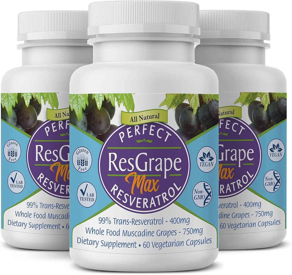 Perfect Redrape Max, 60 vegetabilske kapsler pr. flaske (pakke med 3) ~ 99% Trans- Resveratrol & Muscadine Grape ~ Anti- Aging Supplement & Potent Antioxidant