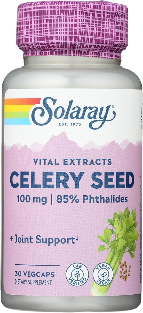 SOLARAY Sellery Seed Extract 100 mg 10 mg 12, 85% Phthalides 12, 4; Total Joint Health Support 12, 4; Non- GMO, Vegan 12, 30 VegCaps