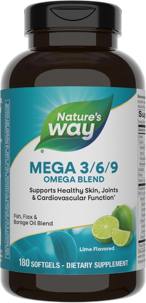 Nature 's Way Mega 3 / 6 / 9 Omega Blend, Understøtter sund hud, Joints, Kardiovaskulær funktion *, Fisk, Hør, Borage Oil, 180 Lime Flavored Softgels (Packaging May Vary)