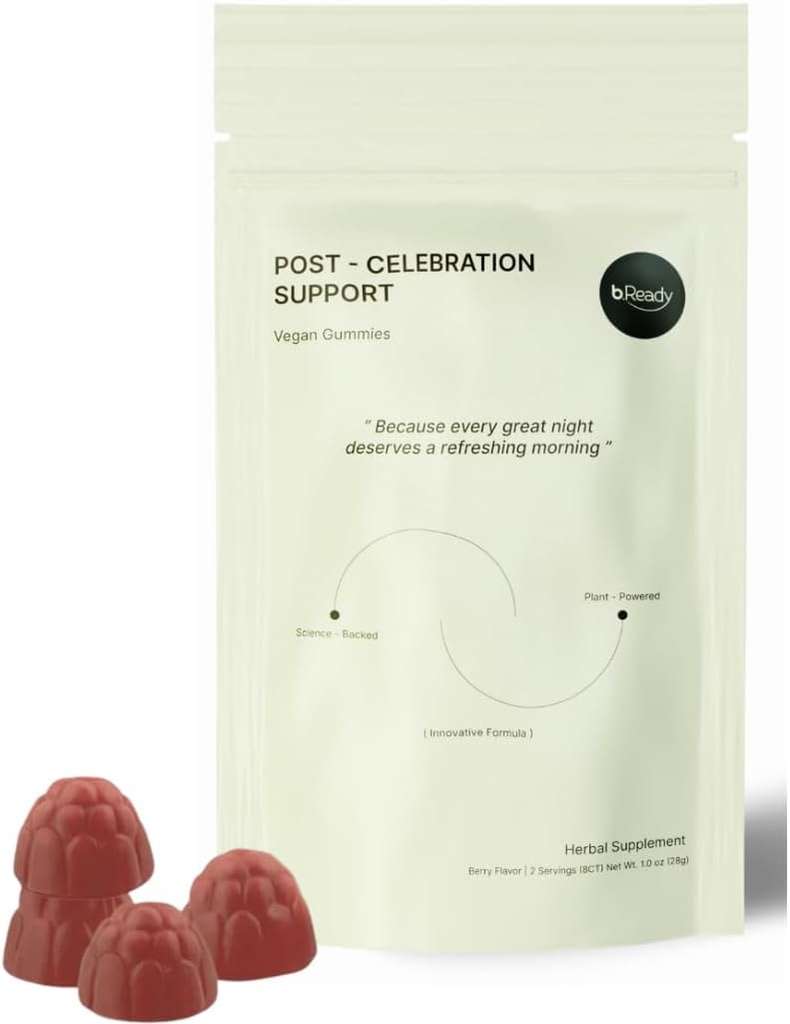 b.Ready Morning Recovery Gummies for Post- Celebration, Travel & Jet lag Wellness med B-vitamin, Milk Thistle & Prickly Pære Beeg 124; Travel Essential Strawberry Flavor Vegan Gummies (2 Servere)