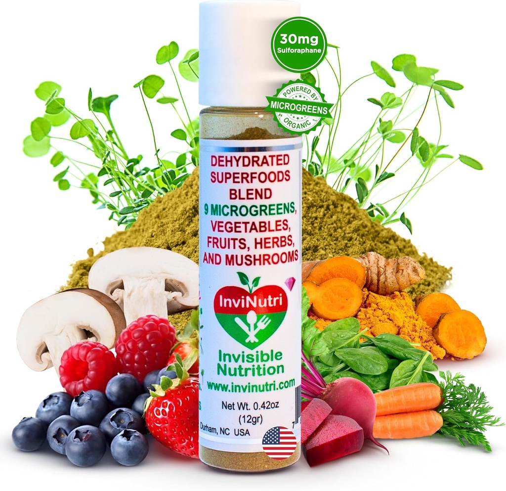 InviNutri Superfood Powder til Picky Eaters - Ikke aromatiseret, Sensory- Friendly - 40x Nutrient- Rich, 30mg Sulforaphane - Organic Microgreens, Fruits & Veggies - Bletter Usynligt i de fleste måltider - 24 serv.