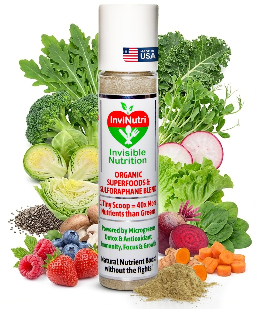 InviNutri Superfood Powder til Picky Eaters - Ikke aromatiseret, Sensory- Friendly - 40x Nutrient- Rich, 30mg Sulforaphane - Organic Microgreens, Fruits & Veggies - Bletter Usynligt i de fleste måltider - 24 serv.
