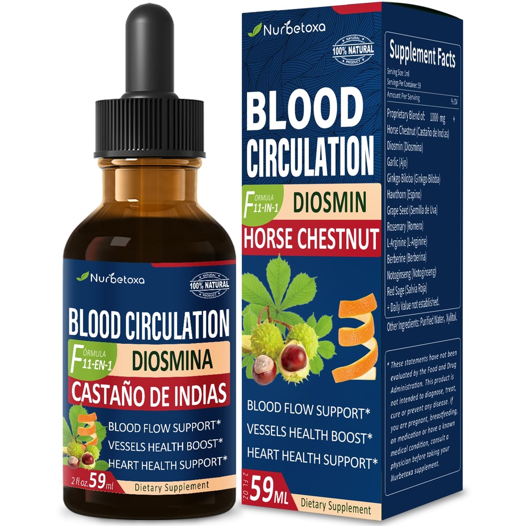 Blood Circulation Horse Chestnut Extract Liquid Drops, Castaño de Indias y Diosmina para la Circulacion y Varices, nitrogenoxid supplement til blodgennemstrømning, tryk & hjerte Health.2 oz