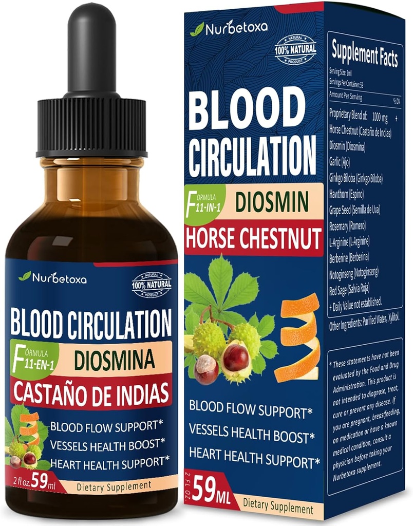 Blood Circulation Horse Chestnut Extract Liquid Drops, Castaño de Indias y Diosmina para la Circulacion y Varices, nitrogenoxid supplement til blodgennemstrømning, tryk & hjerte Health.2 oz