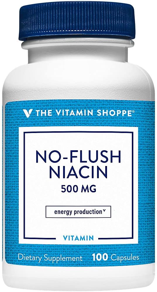 Den Vitamin Shoppe No Flush Niacin 500MG, Understøtter Cholesterol Nivels allerede inden for det normale område, Understøtter Metabolisme & Energiproduktion, Én gang dagligt (100 kapsler)