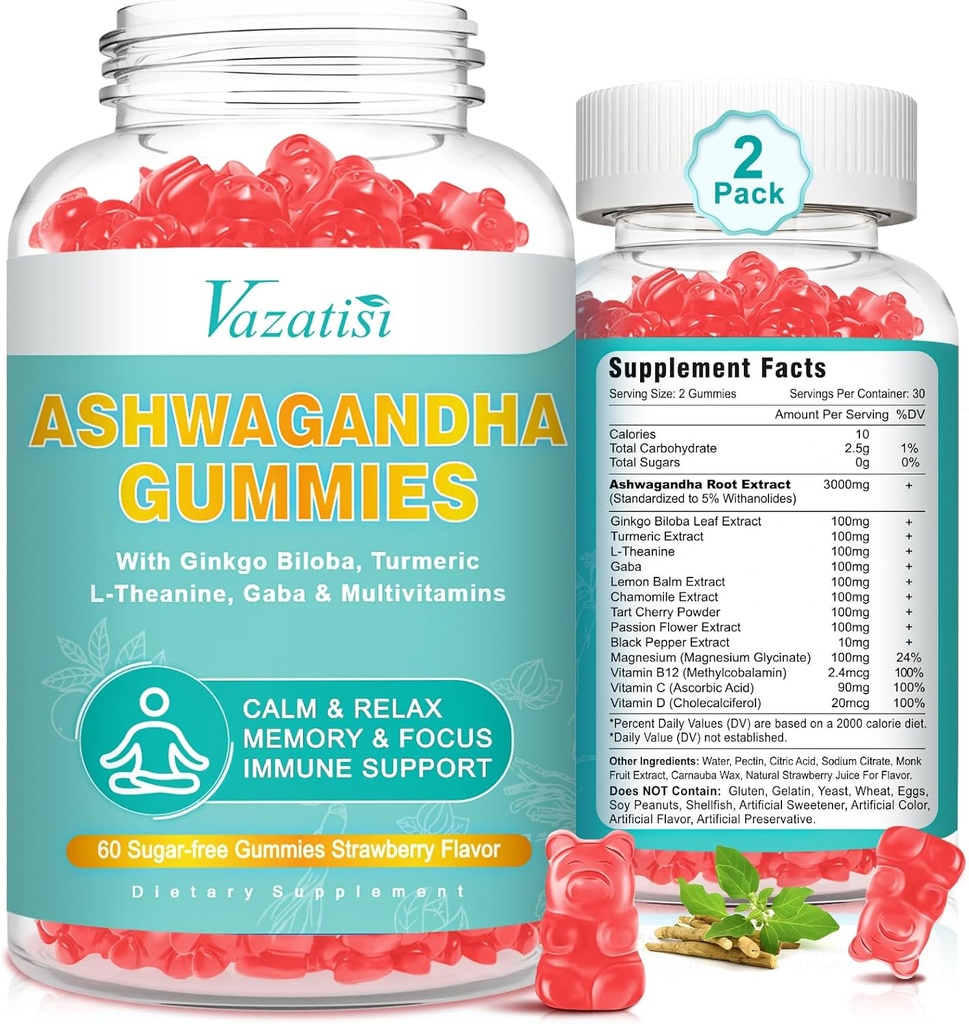 2 Pack Ashwagandha Gummies med gurkemeje GABA Mood Energi og immunforsvar, Jordbær Flavor 120 Cts