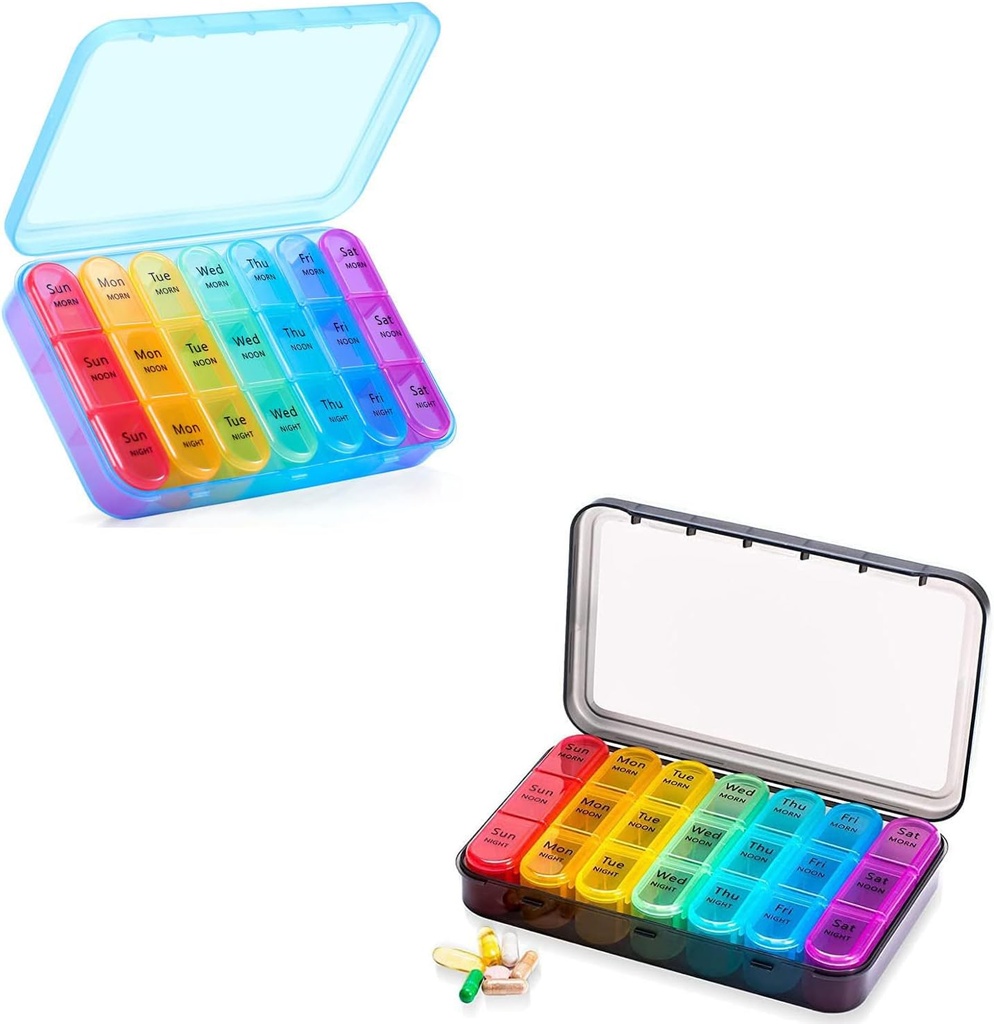 Asprink Pill Organizer 3 gange om dagen - Ugentlig Pill Organizer 3 gange om dagen - Stor Pill Box 7 dag Medicine Organizer (sort og blå)