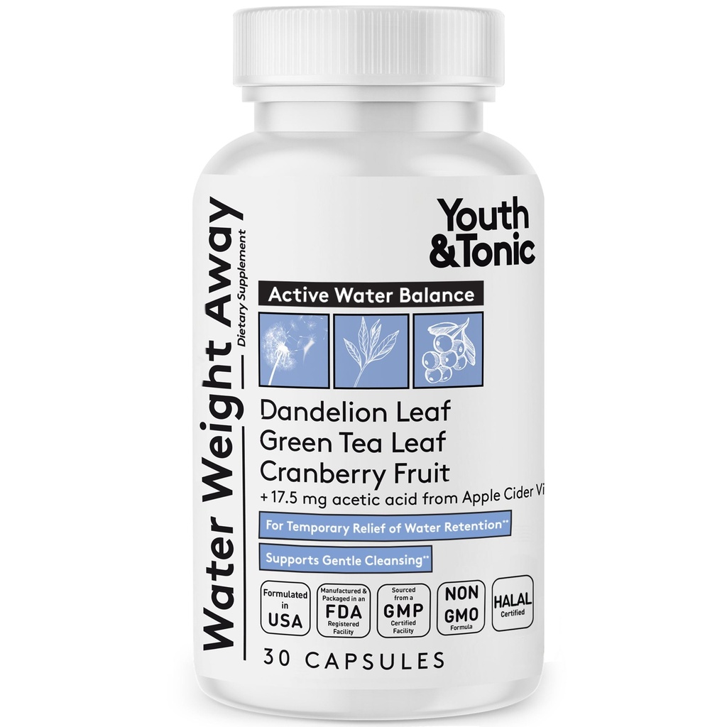 Youth & Tonic Water Weight Away - Herbal Diuretic Pills for Water Retention, Hævelse & Belly Bloating Support - Understøtter Fluid Balance med kalium & vitamin B6 - 30 kapsler til kvinder og mænd