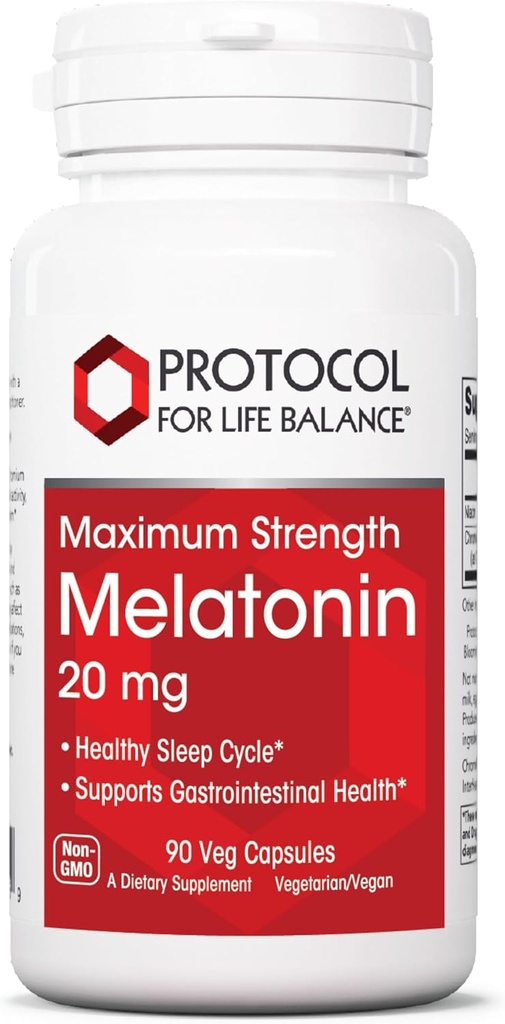 PROTOKOL FOR LIV BALANCE Melatonin Maksimal styrke - 20 mg Melatonin - sovende støtte til voksne - daglig immunforsvar - Pineal Gland Aid - Vegan & non-GMO - 90 Veg kapsler