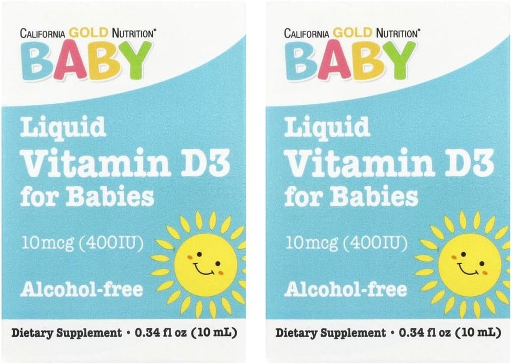 California Gold Nutrition Baby Vitamin D3 Liquid D3 Supplement til Babyer, Vegetarisk Friendly - Udviklingsstøtte - Alkohol & Gluten Free, Non- GMO - 10 mcg (400 IE) - 0,34 fl oz (10 ml), 2