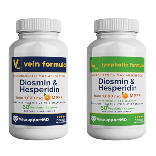VITASUPORTMD - Vein og Lymplant Formel Bundle, Diosmin Hesperidin 1000 mg, 2x60 Kapsler, MPFF Complex til cirkulation, Lymplant og Vein Support
