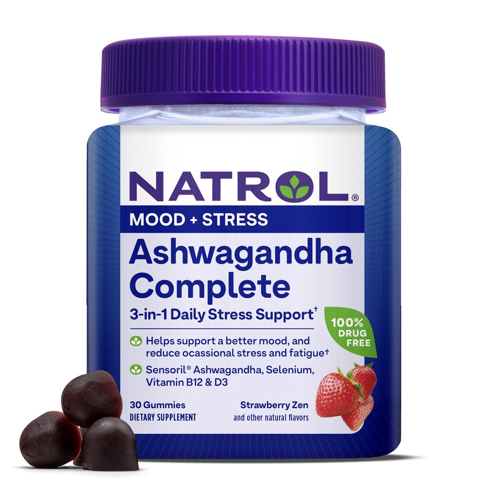 Natrol Ashwagandha Complete Gummy, 3-in-1 Daglig Stress Support, Understøtter Bedre Mood, Reducerer Lejlighedsvis Stress og Træthed, 30 Gummies, Op til en 15 dages Tilgang