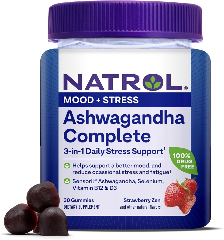 Natrol Ashwagandha Complete Gummy, 3-in-1 Daglig Stress Support, Understøtter Bedre Mood, Reducerer Lejlighedsvis Stress og Træthed, 30 Gummies, Op til en 15 dages Tilgang