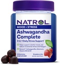 Natrol Ashwagandha Complete Gummy, 3-in-1 Daglig Stress Support, Understøtter Bedre Mood, Reducerer Lejlighedsvis Stress og Træthed, 30 Gummies, Op til en 15 dages Tilgang