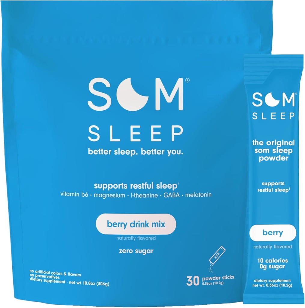 Som Sleep, Calm Sleep Powder Drink Mix, 3mg Melatonin, Magnesium, Vitamin B6, L-Theanine & GABA – Vegan, Keto Friendly – Zero Sugar Berry, 30-Pack