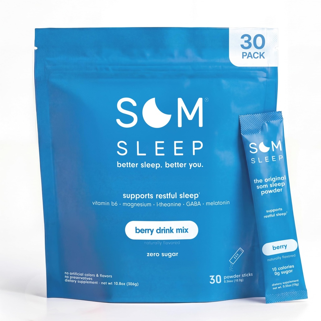Som søvn, rolig søvn pulver drik mix, 3 mg melatonin, Magnesium, vitamin B6, L- Theanine & GABA - Vegan, Keto Friendly - Zero Sugar Berry, 30 - Pack