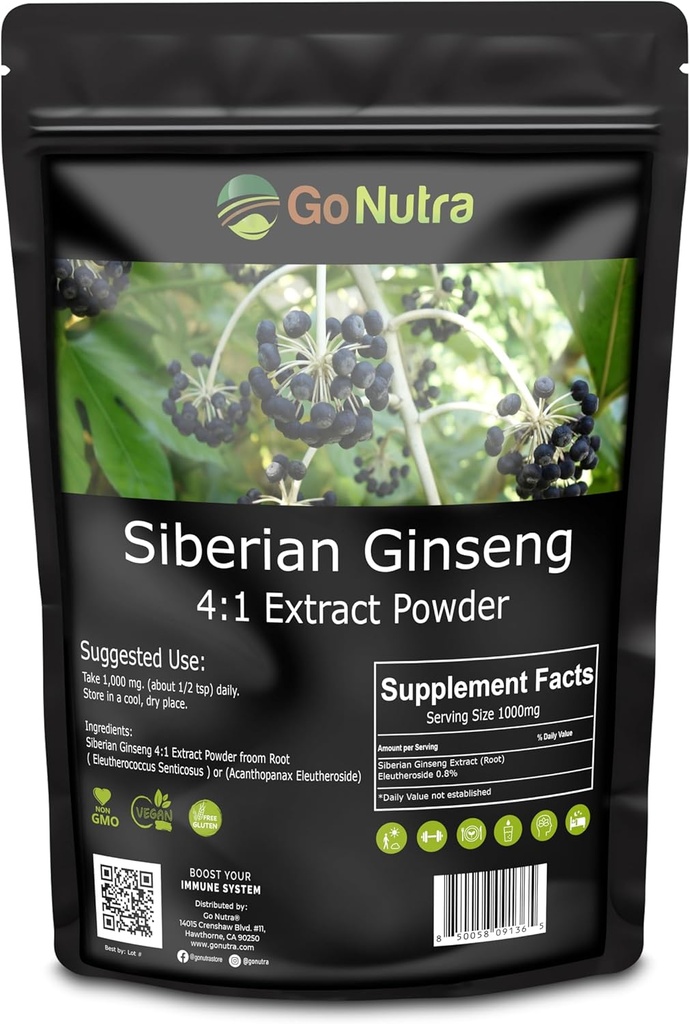 Go Nutra Siberian Ginseng - Eleuthero Root Powder Name 124; 4: 1 Extract 4X Times Stronger # 124; Understøtter Energy & Stamina # 124; Natural & Adaptogenic # 124; Eleutherococcus Senticosus # 124; Non- GMO # 124; 1lb (16 Ounce)