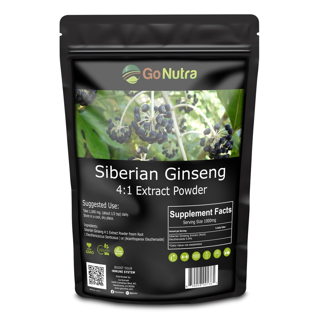 Go Nutra Siberian Ginseng - Eleuthero Root Powder Name 124; 4: 1 Extract 4X Times Stronger # 124; Understøtter Energy & Stamina # 124; Natural & Adaptogenic # 124; Eleutherococcus Senticosus # 124; Non- GMO # 124; 1lb (16 Ounce)