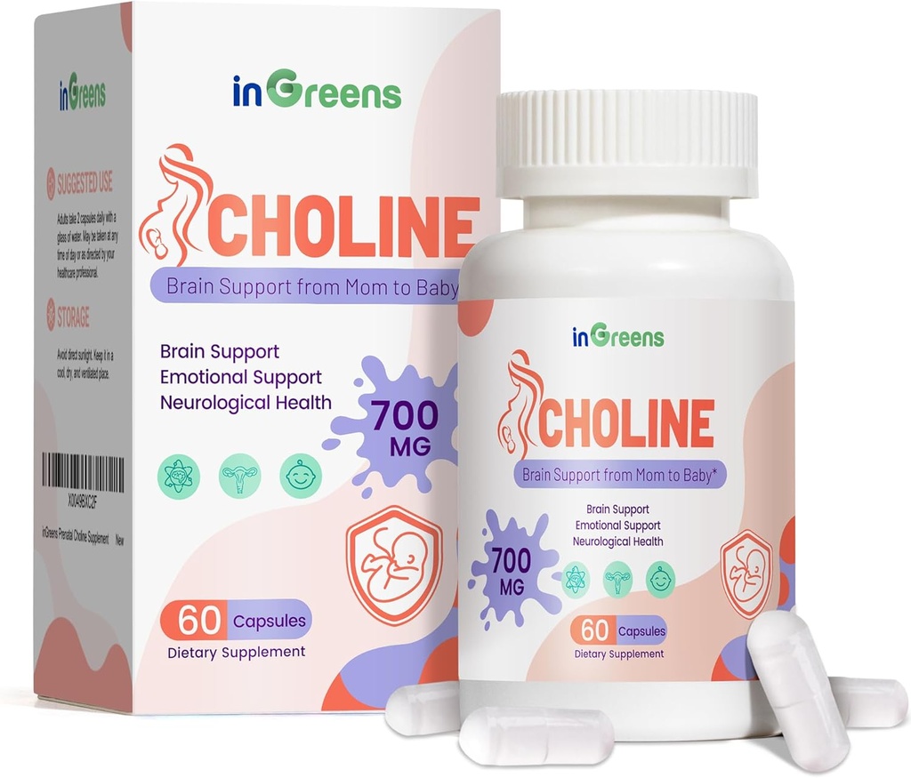 Prenatal Cholin Supplement, 500mg, med Inositol, B1, B6, Brain Development i Utero / Early Life, Øge Cholin indhold i Breast Milk Beverage 30 Day Supply
