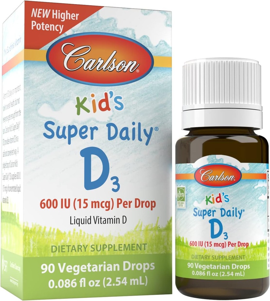 Carlson Kid 's Super Daily D3, 600 IE (15 mcg) per drop - flydende D-vitamin dråber til børn, 90 dråber (2,54 ml), Vegetar, Ikke aromatiseret