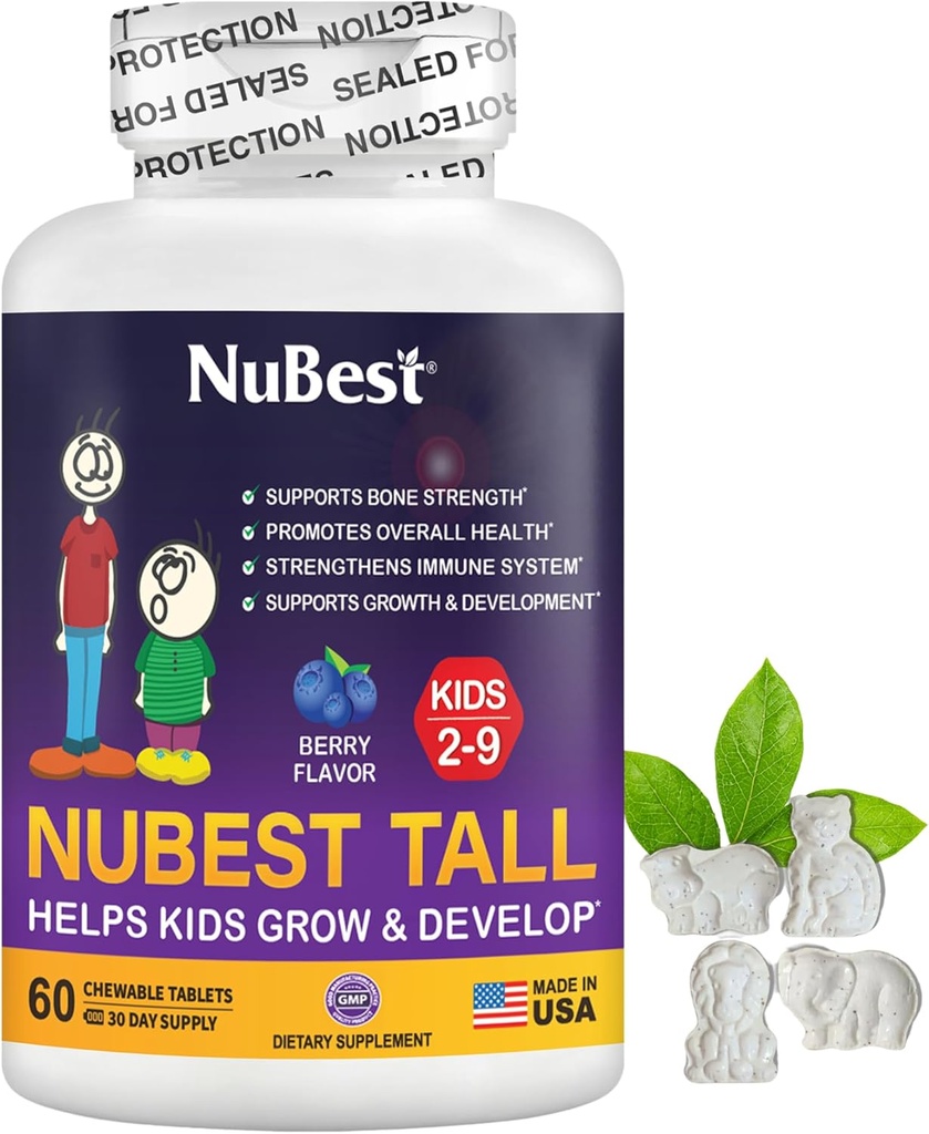 NuBest Tall Kids - Multivitaminer og mineraler til alderen 2 til 9 - Knoglestyrke & Immunitet Support - Hjælper børn, Toddlers Sunde - Animal Shapes - 60 tyggetabletter Berry Tablets Measures 124; 1 Måned Supply