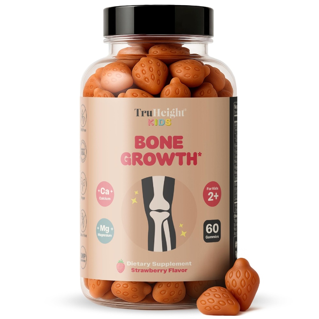 Truhigh Kids Bone Growth Gummies (Strawberry, Age 2 +) Alle naturlige Kids & Toddler Vitaminer - Vitamin D, Calcium, K, Magnesium Multivitamin, Vækst & Udvikling, Builds Strong Bones, D3 K2, Vegan