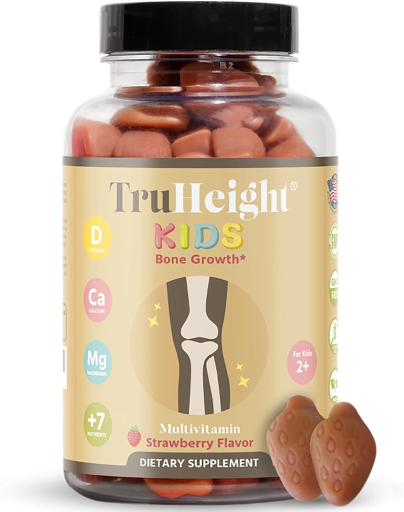 Truhigh Kids Bone Growth Gummies (Strawberry, Age 2 +) Alle naturlige Kids & Toddler Vitaminer - Vitamin D, Calcium, K, Magnesium Multivitamin, Vækst & Udvikling, Builds Strong Bones, D3 K2, Vegan