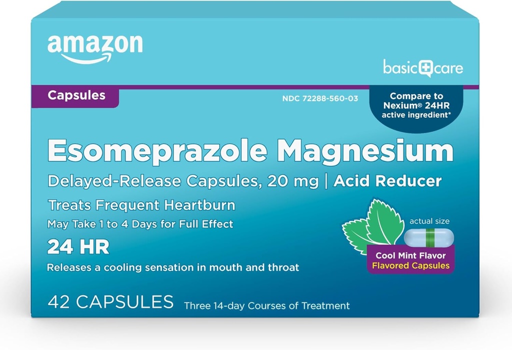 Basic Care Esomeprazol Magnesium Delayed- Release Kapsler 20 mg, Acid Reducer, Cool Mint, 42 Count (3 pakker med 14)