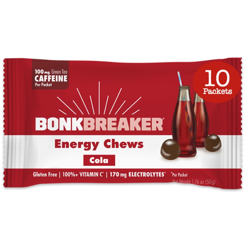 Bonk Breaker Energy Chews, Dairy- Gratis, Gluten- Gratis ingredienser til at give hurtig energi og fokus, 1 Box med 10 pakker, Cola