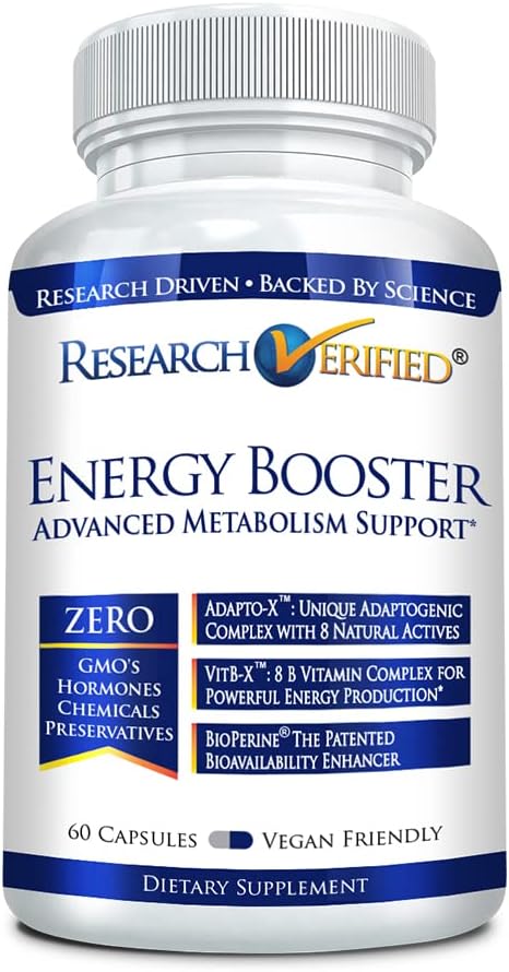 Forskning Verified Energy Booster - Natural Energy Support - 60 Kapsler - Koffein Free - B Vitaminer og Adaptogens - 1 Måned Supply