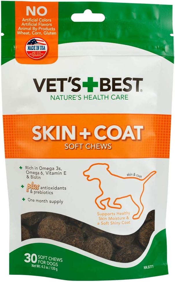 Vet 's bedste hud & Coat hund kosttilskud - Formuleret med E-vitamin og biotin til at holde hunde sund hud og Coat - 50 tyggetabletter