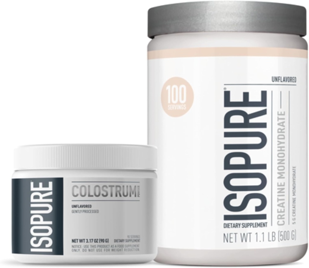 Bundle of Isopure Bovine Colostrum Supplement Powder, forsigtigt forarbejdet, 90 Servere + Isopure Unflavored Creatin Monohydrat Powder, 5g Creatin Monohydrat per Scoop, 100 Servere, 500g