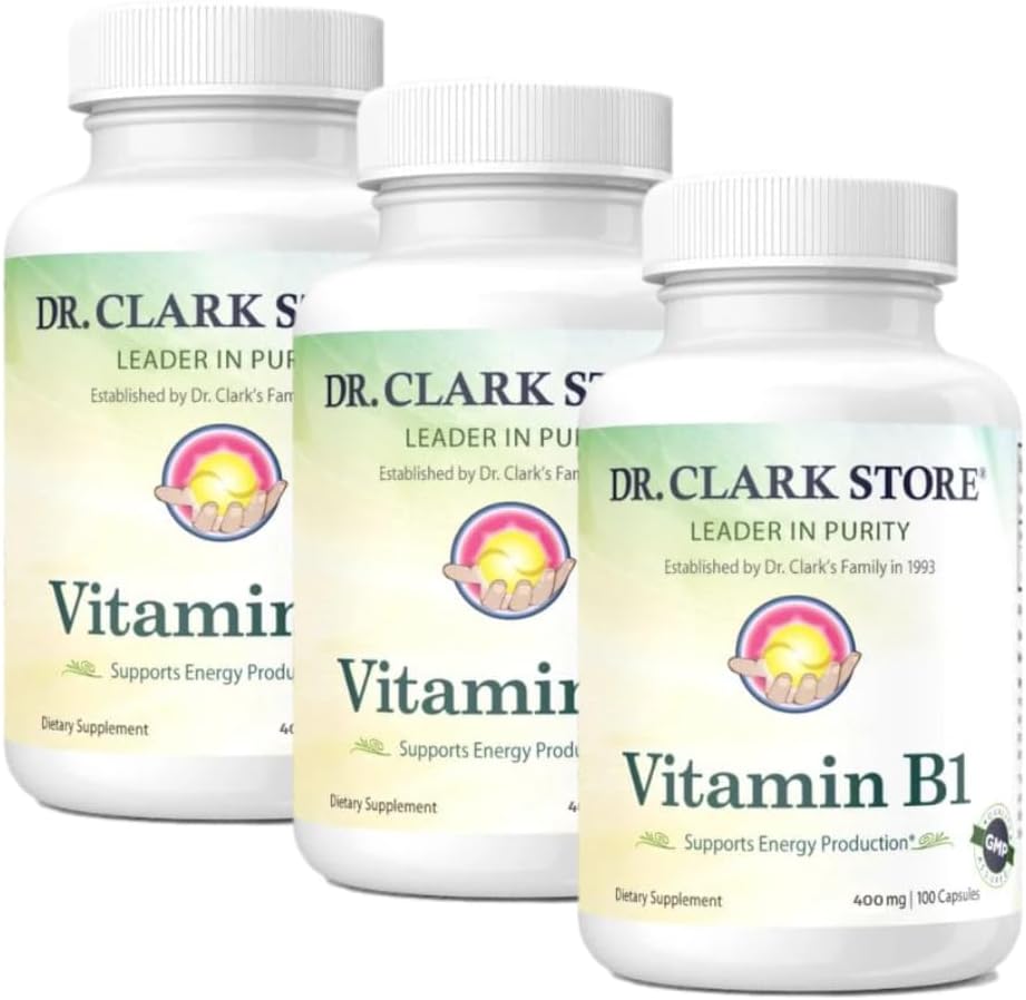 Bernard Jensens Dr. Clark Store Vitamin B1 Thiamin 500mg Supplement - Thiamin B1 Supplement for sundt nervesystem & energi Metabolisme, Gluten- fri, Dairy Free - 100 Gelatine kapsler 3Pack