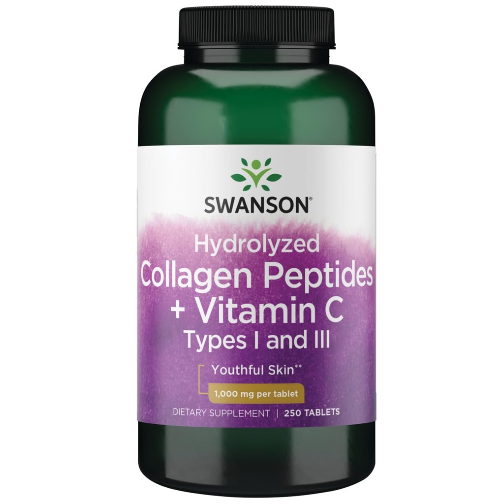 Swanson Hydrolyzed Collagen Peptider + C-vitamin type I og II 1000 mg 250 Tabs
