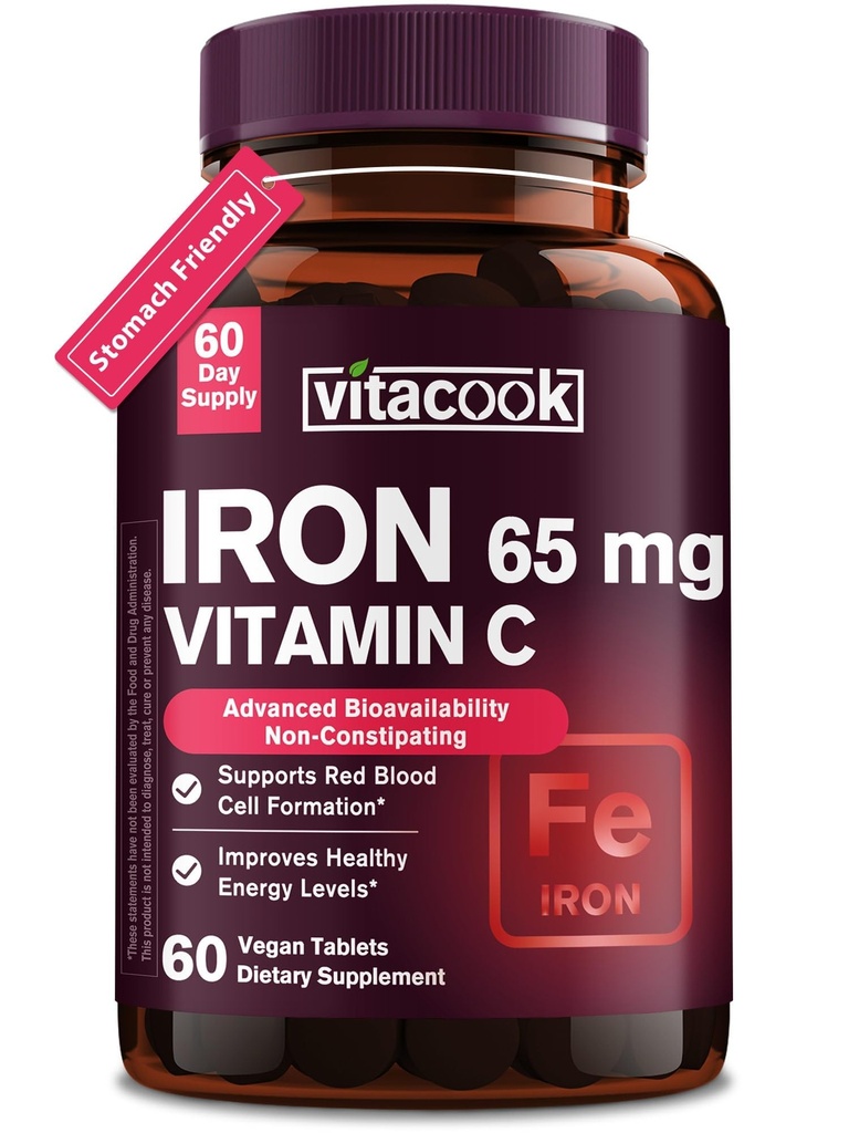 Jern supplement til mænd, høj potens Iron 65mg med C-vitamin 250 mg, langsom frigivelse Mave venlige jernpiller til røde blodlegemer & immunforsvar, non-GMO, gluten fri, 60 Vegan Tabs